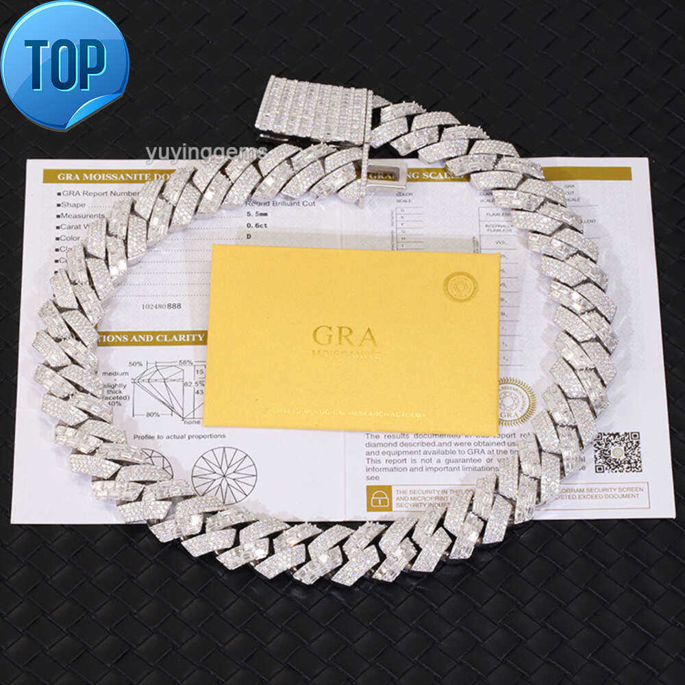 Classic 22mm Wide Baguette Dia Bracelet S Sier Moissanite Jewelry Cuban Chain Hip Hop Necklace