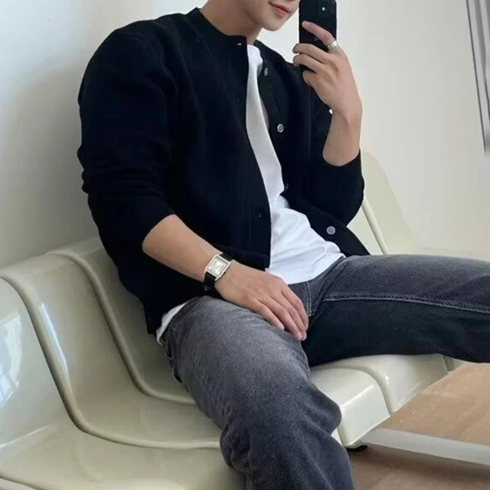 Autumn Winter Mens Simple Sweater Cardigan American Street Fashion Round Neck Zipper Solid Color Warm Knitted Jacket 241202