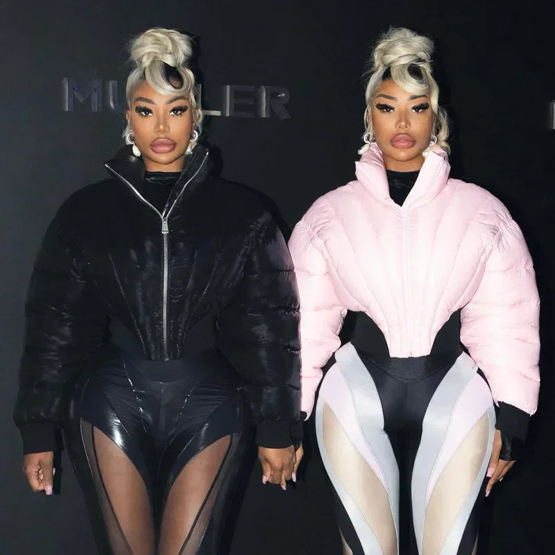 Fashionable and cute womens bright PU pink inflatable jacket winter warm bubble shiny leather park down zipper cutting 241209