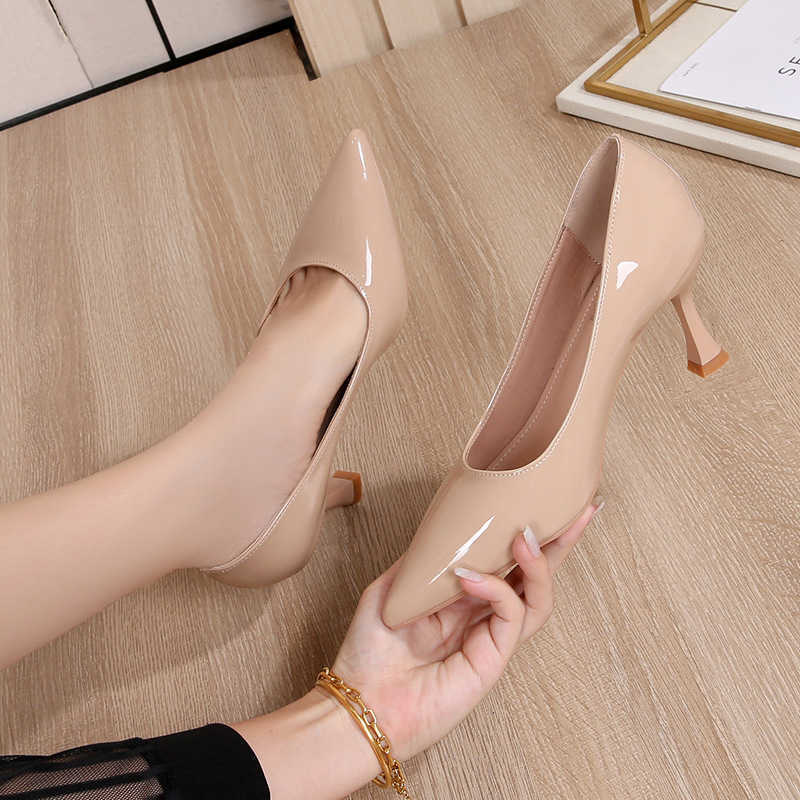 Heels red bottomed shoes Black high for womens professional slim heels pointed formal wear versatile spring and autumn new style patent leather soft s