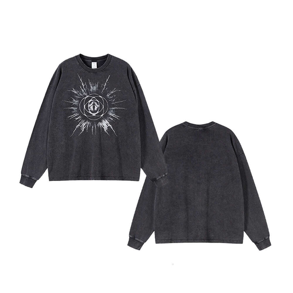 2024 Autumn Retro Washed Round Neck T-shirt for Men with Digital Direct Spray Printing Trendy Men's Long Sleeve