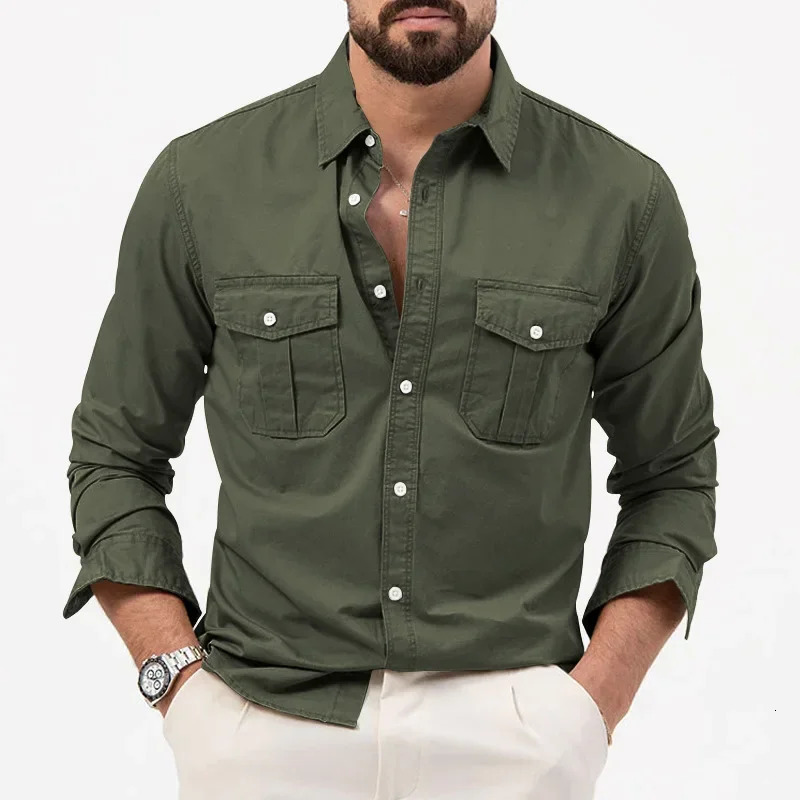 Army Green Tactical Cargo Shirt Mens Chest Two Pocket Long Sleeve Tshirt 2024 Trend Casual Loose Chemise Hombre 241209