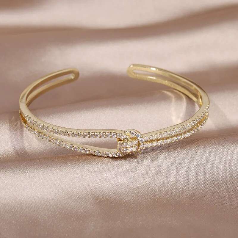 14K real gold plating exquisite full zircon knot elegant women's wedding party opening adjustable bracelet