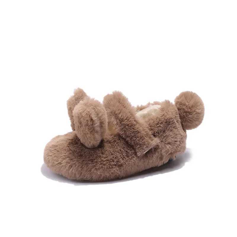 Autumn Winter New Girls Shoes Plush Warm Children Flats Cute Rabbit Cotton Shoes Fur Mary Janes Shallow Solid Color Baby ShoesXJ241209