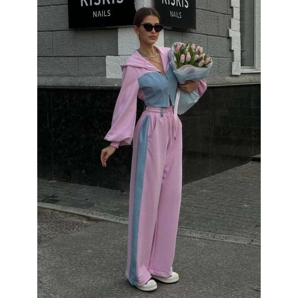 Fashion Patchwork Denim 2 Piece Sets Women Outfit Slim Hoodies Crop Top Wide Leg Sweatpants Suit Streetwear Casual Tracuits