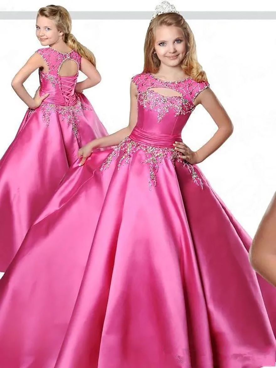 Fuchsia Pageant Dresses Crew Neck Floor Length Ball Gown Flower Girls With Lace Up Back Beaded Formal Dress For Teens