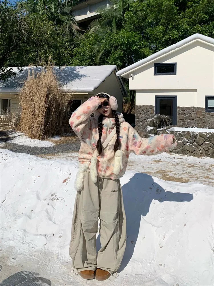 Hip Hop Winter Womens Warm Thick Bag Wide Leg Beige Snow Pants Oversized Y2K Suede Harajuku Sports Trouser 241209