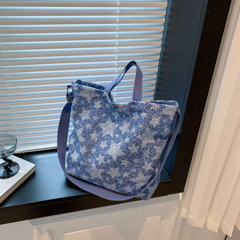 Splicing contrasting denim canvas large capacity bag women fashion tote bag shopping bag 241215