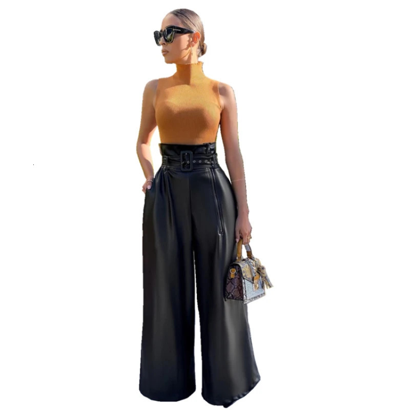 Womens Pants Wholesale Project High Waist Pu Leather Black Wide Leg Casual Loose Street Clothing Trouser Women 241209