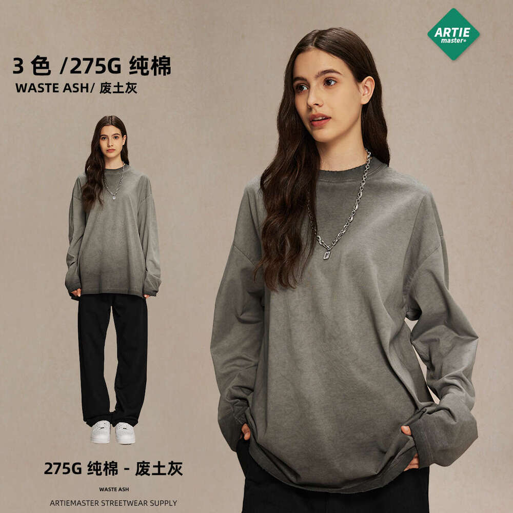 2024 autumn 275g reverse bottom stir fried color street fashion brand wash water t-shirt for men ins dirty dye waste soil retro long sleeved shirt