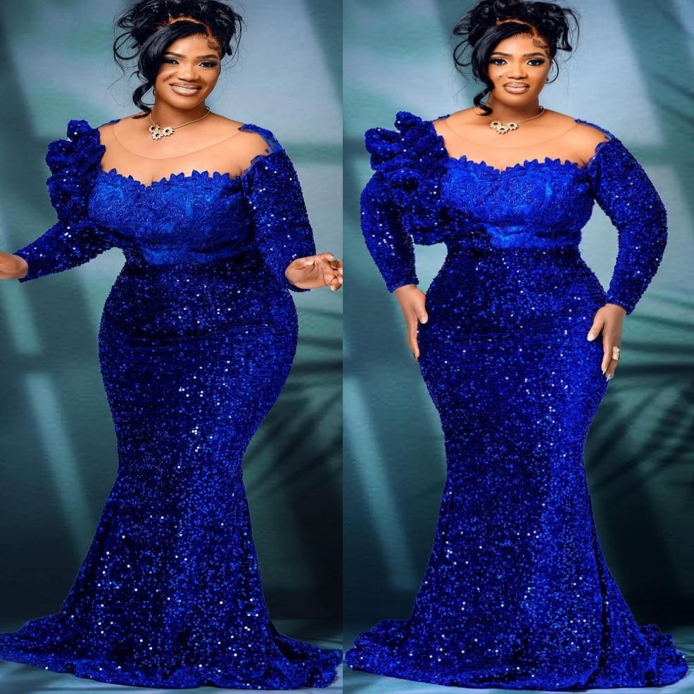 Royal Blue Mermaid Prom Dresses 2025 Lace Sequined Sheer Neck Evening Formal Party Second Birthday Engagement Gowns Plus Size Dress For Special Occasi