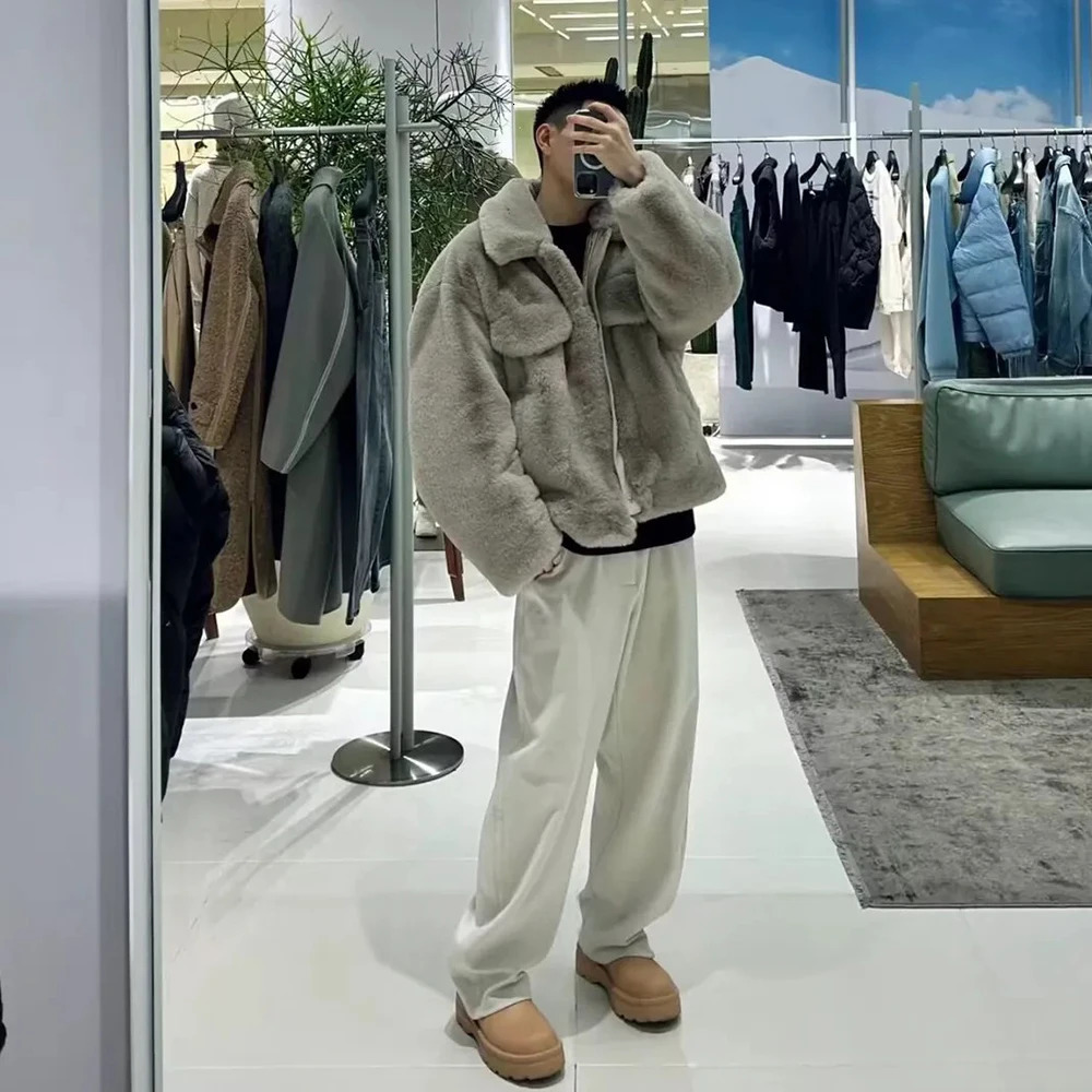 Cold resistant and warm Korean style plush jacket mens autumn winter thick fashion rabbit fur coat 241209