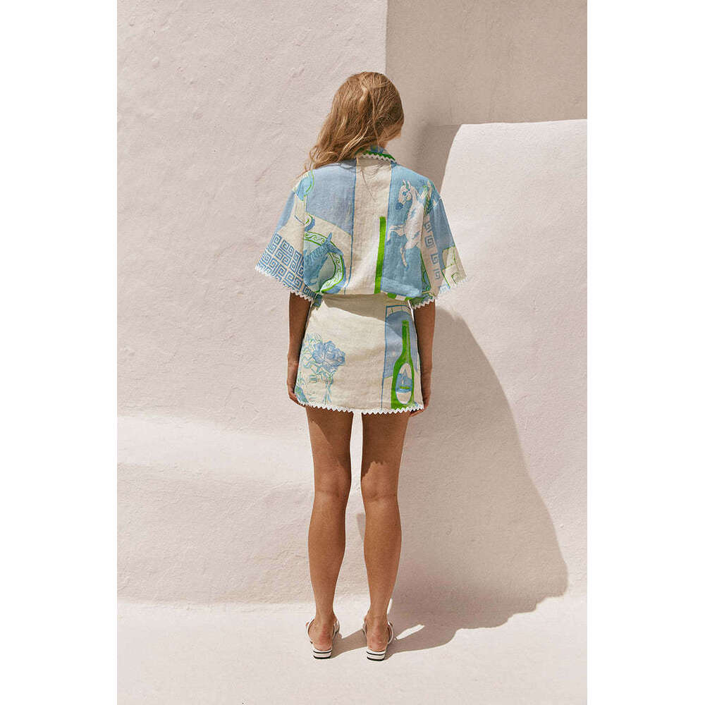 Vintage Print Casual Shirts Loose Women Tops And Mini Skirts Suit Elegant Fashion 2 Piece Sets Female Chic Outfits Trend Vacation Beach Set