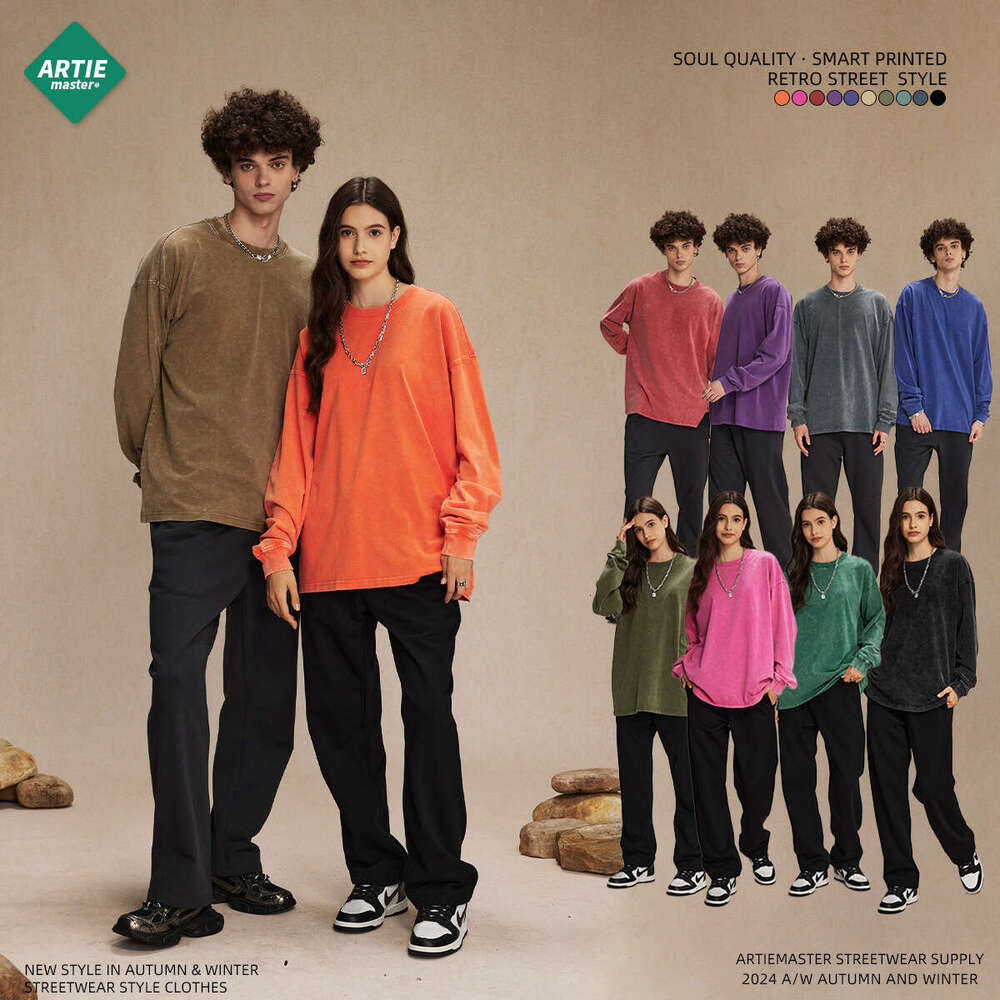 2024 Autumn/Winter New Trendy Brand Heavy Weight 275g Retro Wax Printing Water Washed Sleeve T-shirt Men's Round Neck Couple Top Long T