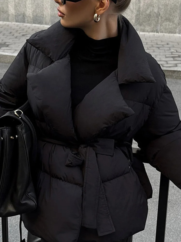 Fashion Lace Up Cotton Parka Coats For Women Elegant Turn Down Collar Thicken Jacket With Belt Winter Long Sleeve Female Outwear 241209