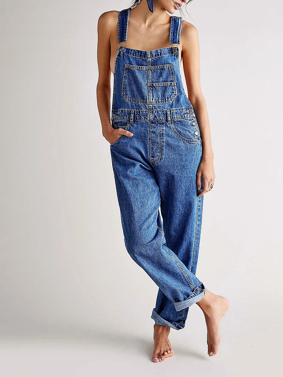 Womens casual wide leg denim jumpsuit with adjustable shoulder strap pendant top 1 pocket suit 241209