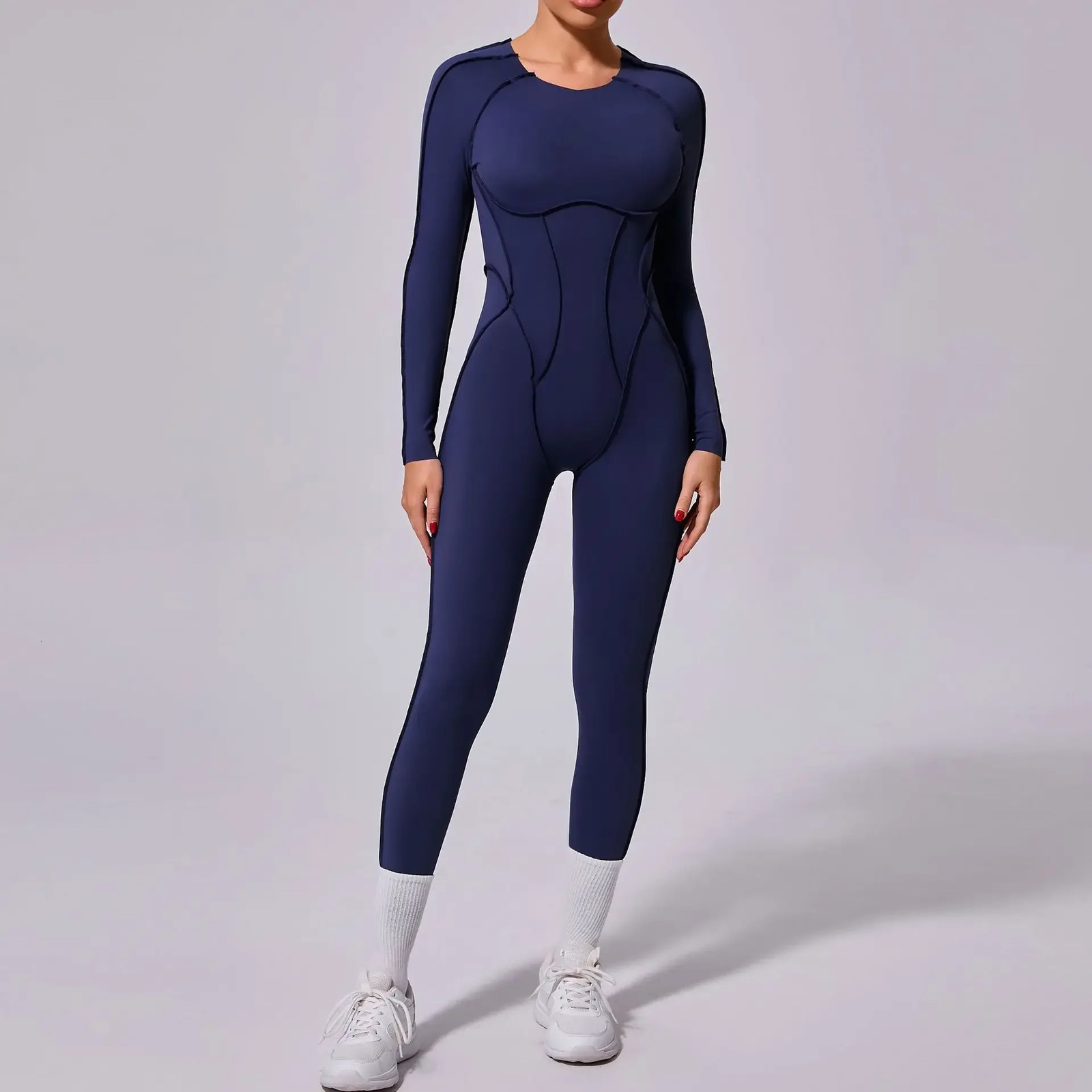 Fashionable and sexy hollow long sleeved sports jumpsuit with cup womens sportswear autumn onepiece gym workout suit fitness 241209
