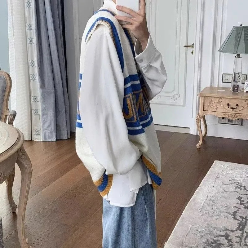 AutumnWinter Korean Preppy Vest Mens Pullover Sweater Personality Letter Printed Sleeveless Loose Vneck 241209