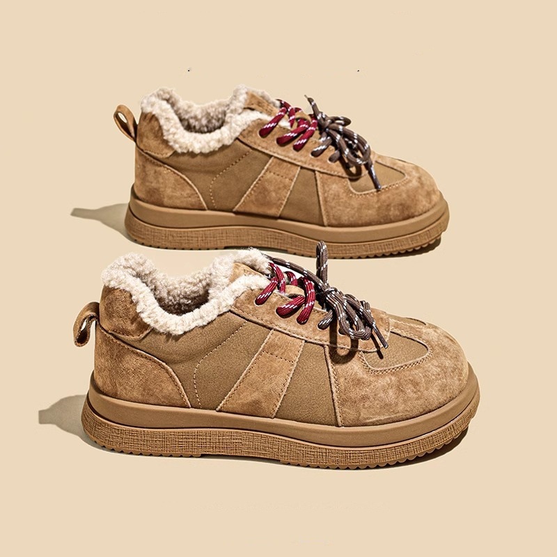 Women Casual Shoes:Fleece Short Snow Boots Low-top Winter New Thick Sole Retro Style Lamb Fashion Plush Cotton Shoes,Apricot/Brown,Free shipping