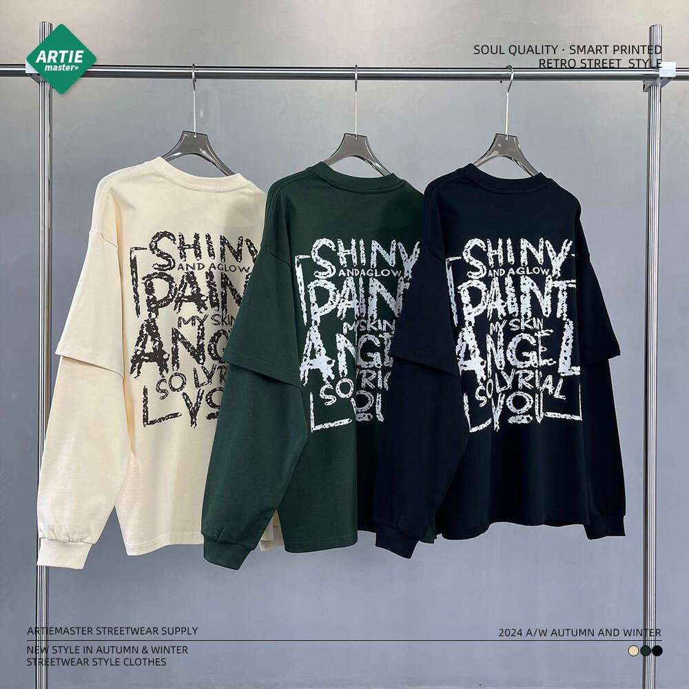 2024 Autumn New Product Oversize Printed 305g Fake Two Piece Splicing Long Sleeve T-shirt Men's Street Trendy American Round Neck T