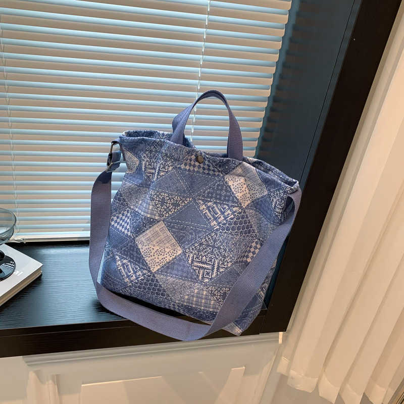 Splicing contrasting denim canvas large capacity bag women fashion tote bag shopping bag 241215