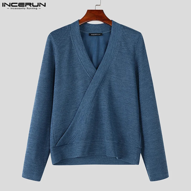 INCERUN Men Sweaters Solid Color Knitted V Neck Long Sleeve Casual Clothing Streetwear Fashion Male Pullovers S5XL 241209