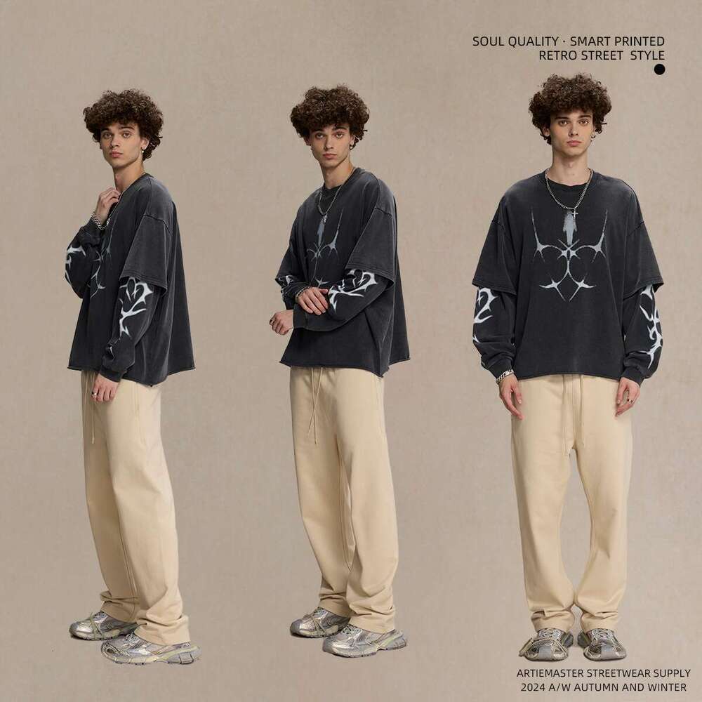 2024 Spring and Autumn New Product Printed Round Neck Sleeve for Men, American Trendy Brand Retro Washed Fake Two Piece Loose Men's Long T-shirt