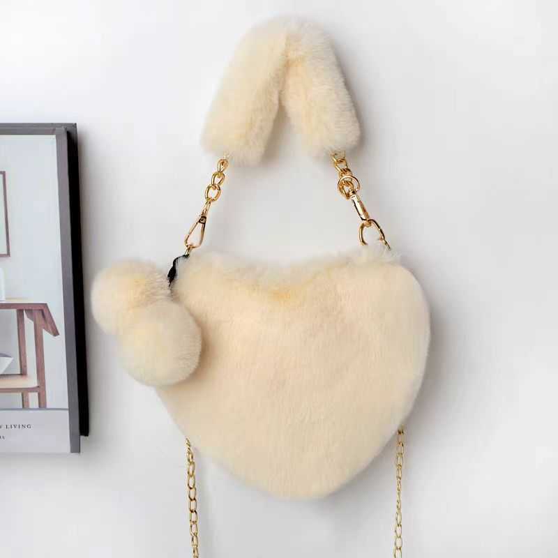 Love handbag imitation otter rabbit furry one shoulder diagonal cross mobile phone bag girl peach heart plush chain bag