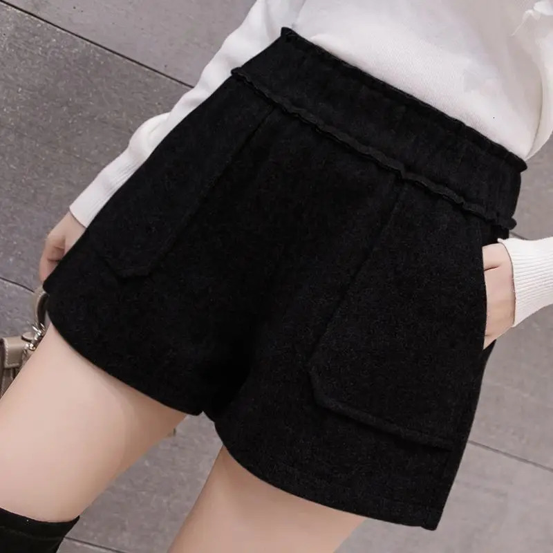 Korean Fashion Autumn/Winter Womens Solid Pocket Simple Office Womens Elastic High Waist Loose Wool Wide Leg Shorts 241206
