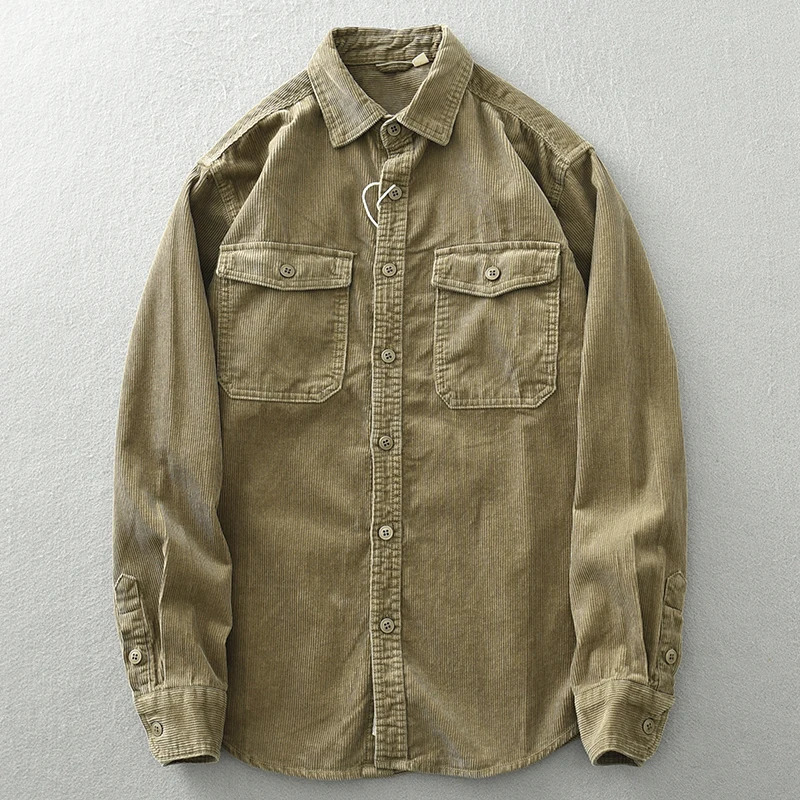 Retro heavyduty khaki corduroy mens shirt long sleeved loose cargo bag casual jacket 241209