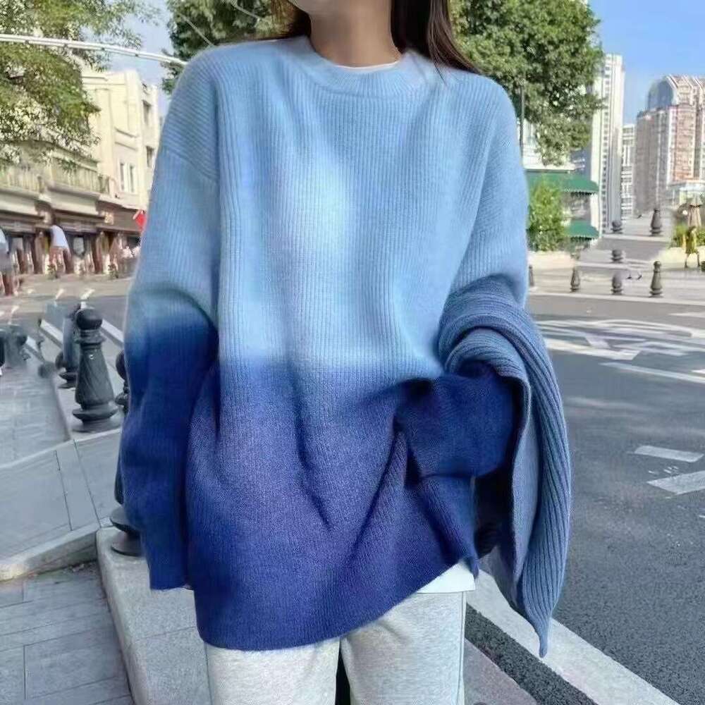 Sweater autumn and winter gradient color Korean version loose outer wear lazy style knitted sweater sweet pullover foreign trade women's top