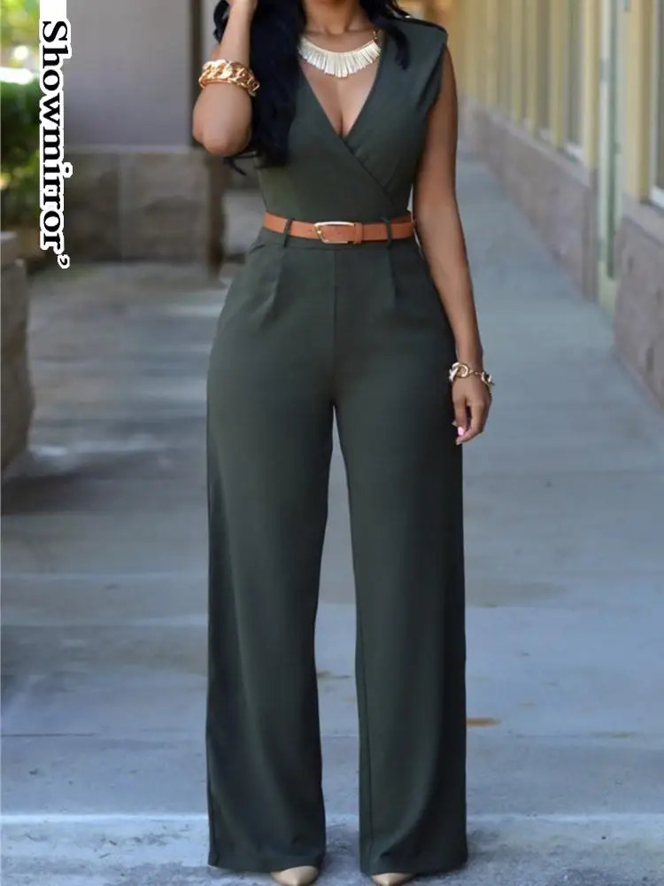 Womens long sportswear Vneck elegant outfit party club slim waist wide leg jumpsuit 241209