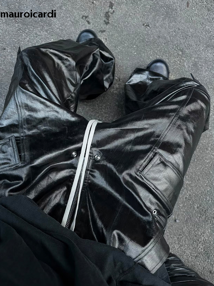 Mauroicardi Spring Autumn Cool Black Shiny Reflective Pu Leather Wide Leg Pants For Men Drawstring Waist Mens Designer Clothes