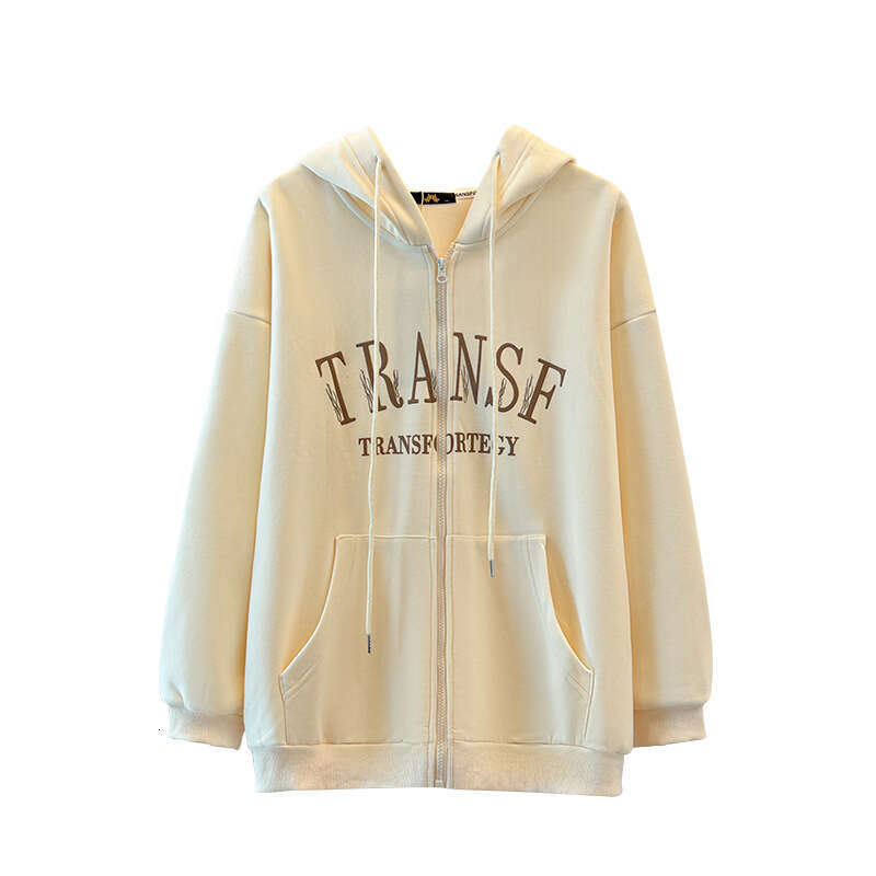 Plus-Size Women's Fall/Winter Casual Commute Loose Comfortable Cotton Jacket Black Letter-Print Zipper Hooded Long-Sleeved Top