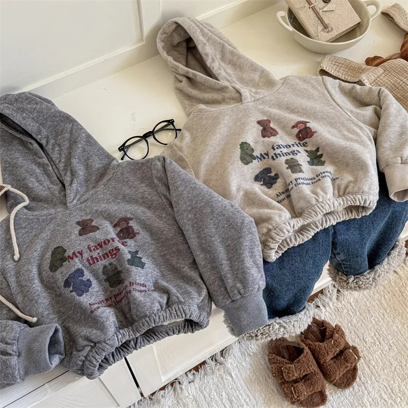 Winter Childrens Wool Hoodie for Babies and Girls with Velvet Thick Cartoon Printed Zipper Childrens Casual Hoodie 241210