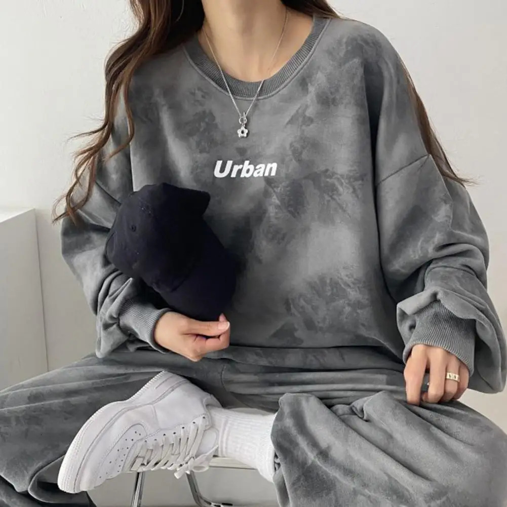 Tiedye Print Outfit Loose Sport Suit Trendy Tie Dye Womens Sportwear Stylish Oneck Pullover Tops for Autumnwinter 241209