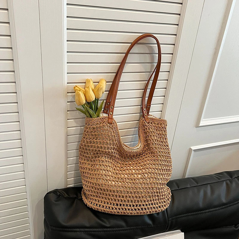 Elegant Cotton Knitted Shoulder Stray Wallet Website Handmade Beach Travel Handbag Summer Shopping Grocery Shoulder Bag 241205