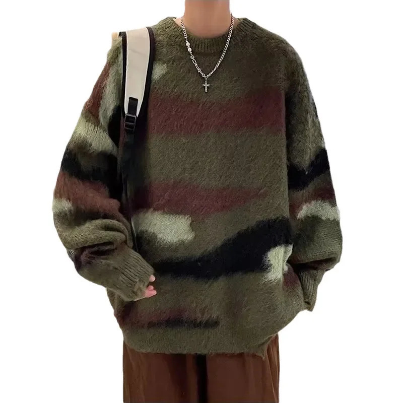 Vintage Winter Angora Sweater For Men Trendy Niche Knit Jacket Crew Neck Style American Feel Free Time Fashion 241209