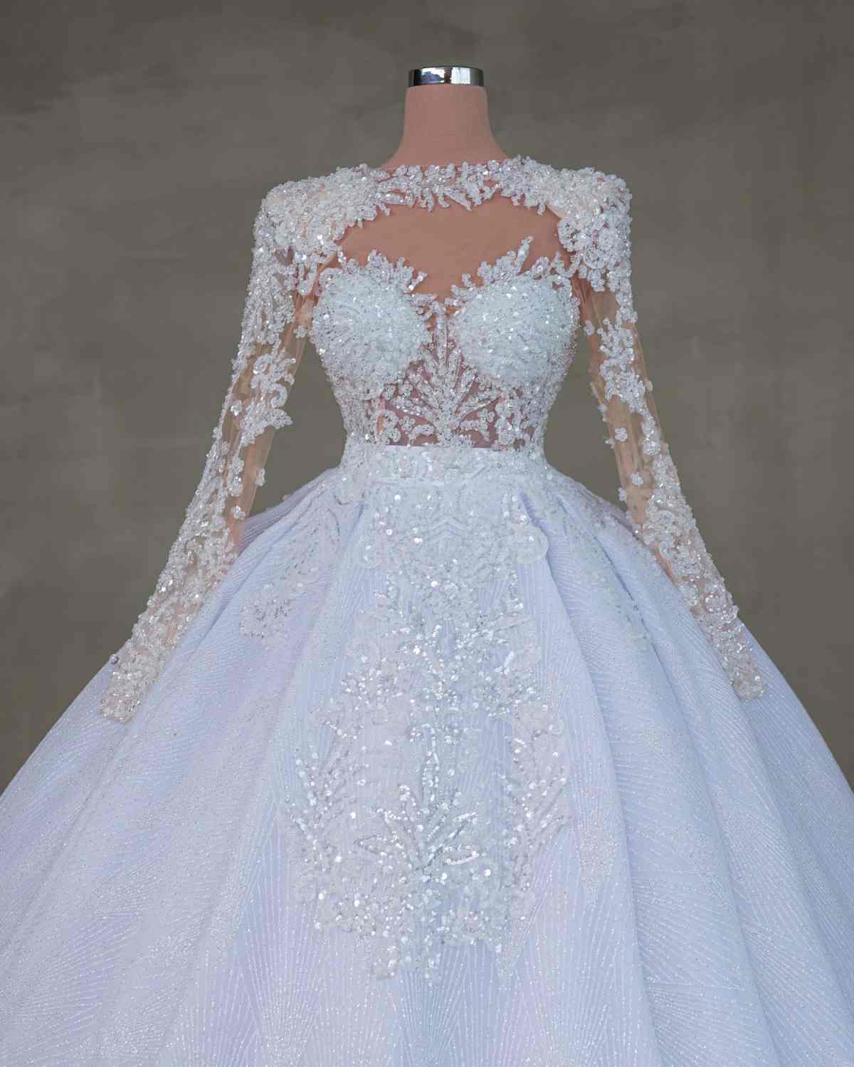 O-neck Long Sleeve Dress Sequins Appliques Wedding Gown Dubai Sweep Train Bride Robe Customized Vestido De Novia