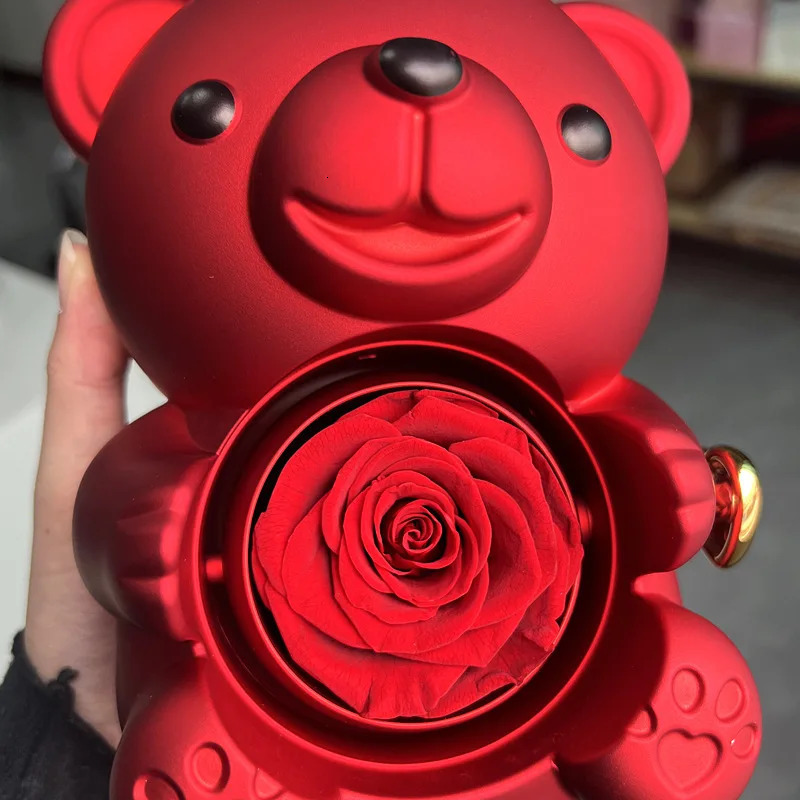 Eternal Rose Teddy Bear Gift Box with Necklace Rotating Rose Jewelry Box Valentines Day Wedding Storage Gift Box 241209