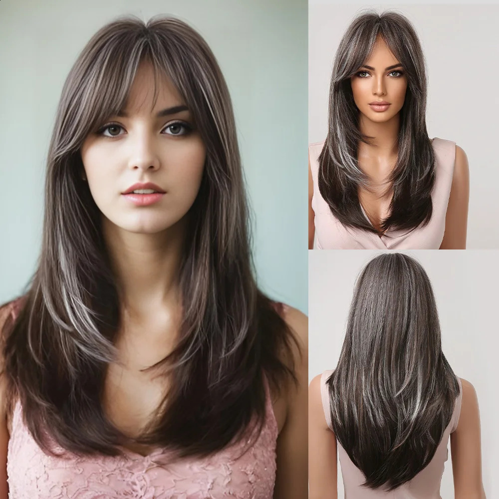 Black brown synthetic natural hair with bangs fashionable high-quality long layered wig suitable for womens daily use heat-resistant 241205
