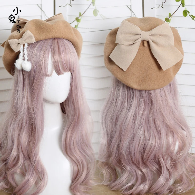 Japanese Berberis Lolita Girl Sweetheart Wool Female Solid Color pom Bow Warm Paint Hat for Autumn and Winter 241209