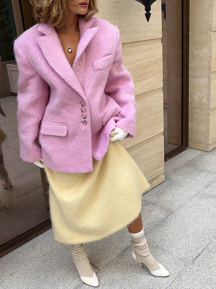 Women's Elegant Pink Lapel Pockets Woolen Blazer Coat Fashion Single-Breasted Loose Long Sleeve Coats Lady Sweet Outerwear