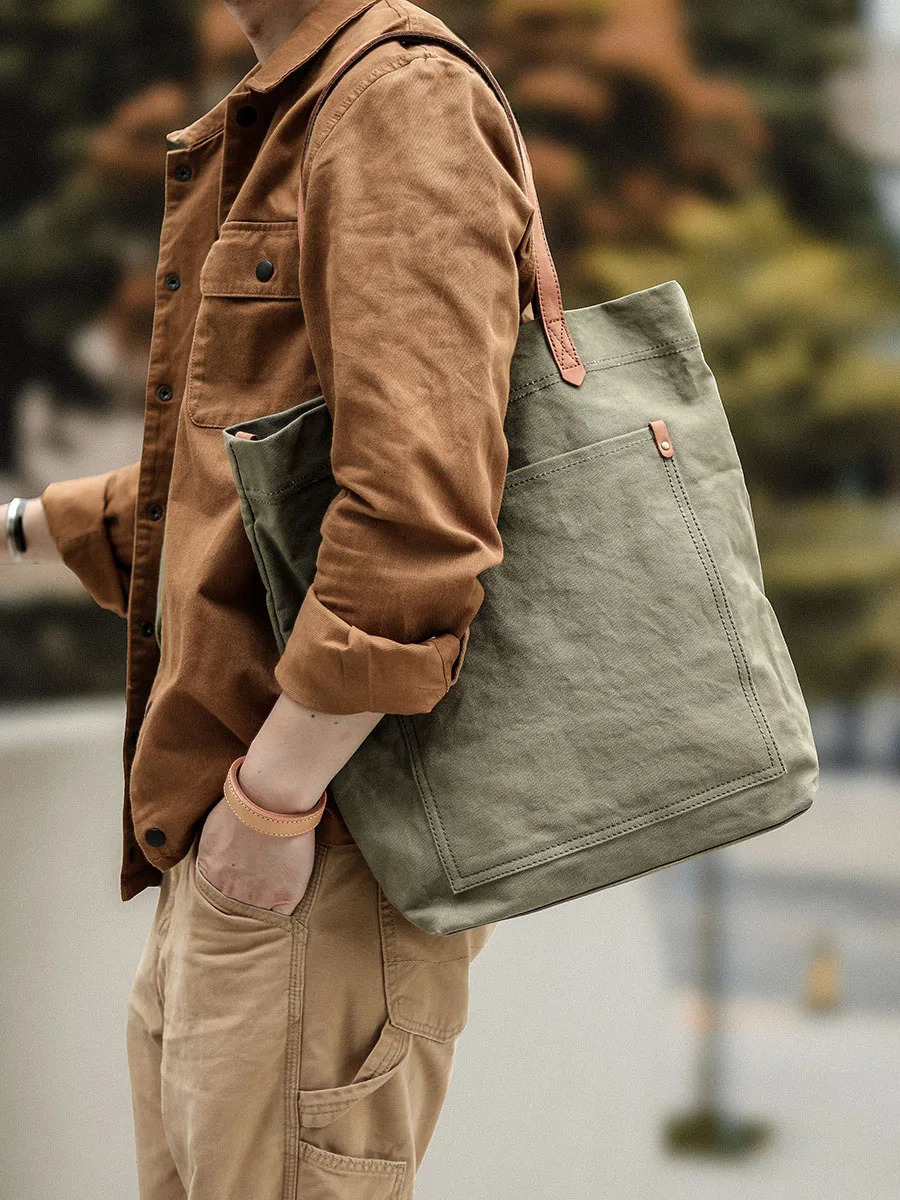 Mens Retro Handbag 16 oz Canvas Shoulder Bag Top Leather 241204