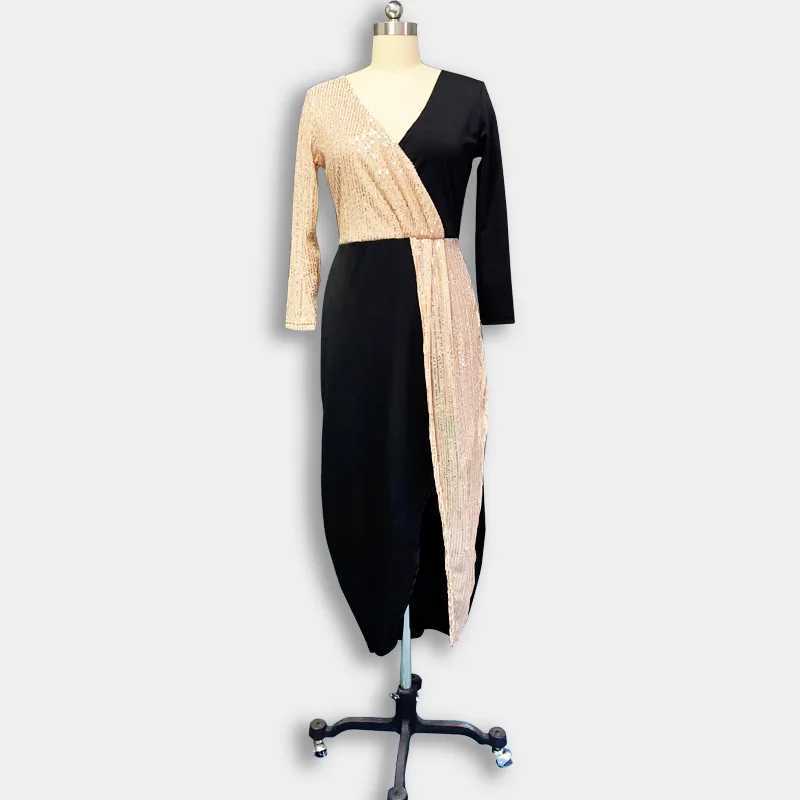 Temperature and Ankle Dual Color Black and Gold Ethnic Style High Waist Solid Color Temperature Dress Long SVE Waist Dress W241210