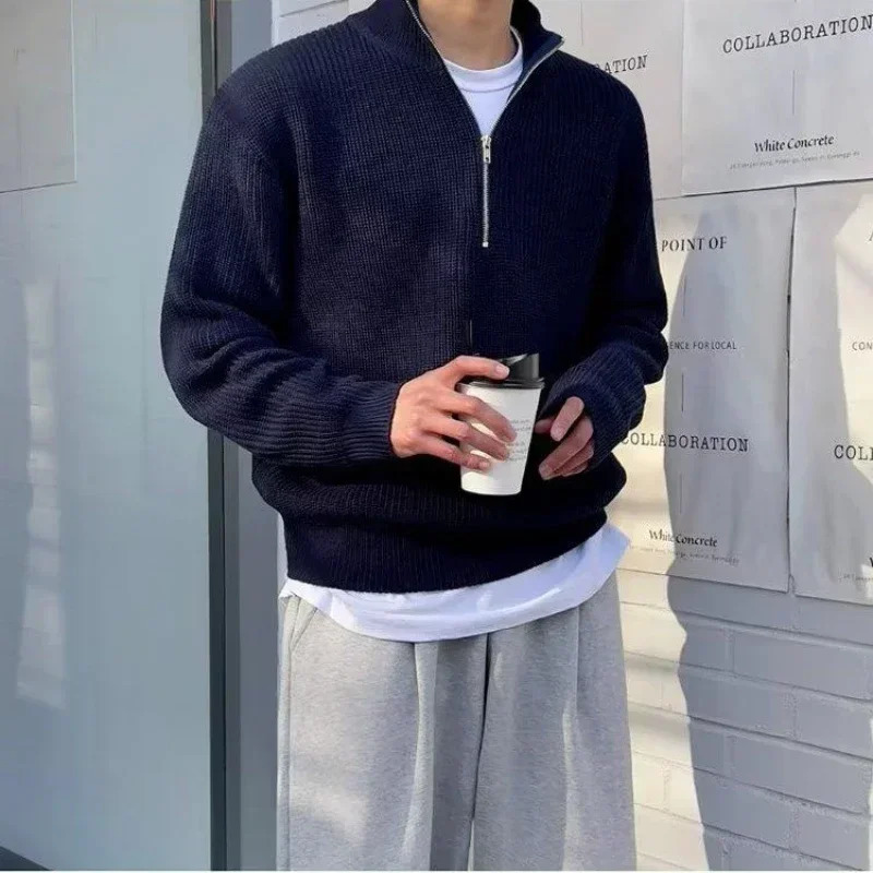 Autumn Winter Standup Collar Halfzip Sweater Mens Handsome Loose Casual High Street Sweaters Men Pullovers Male Clothes 241209