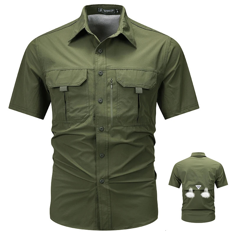 Summer mens short sleeved breathable tactical work shirt top outdoor casual quick drying multi pocket camping cargo 241209