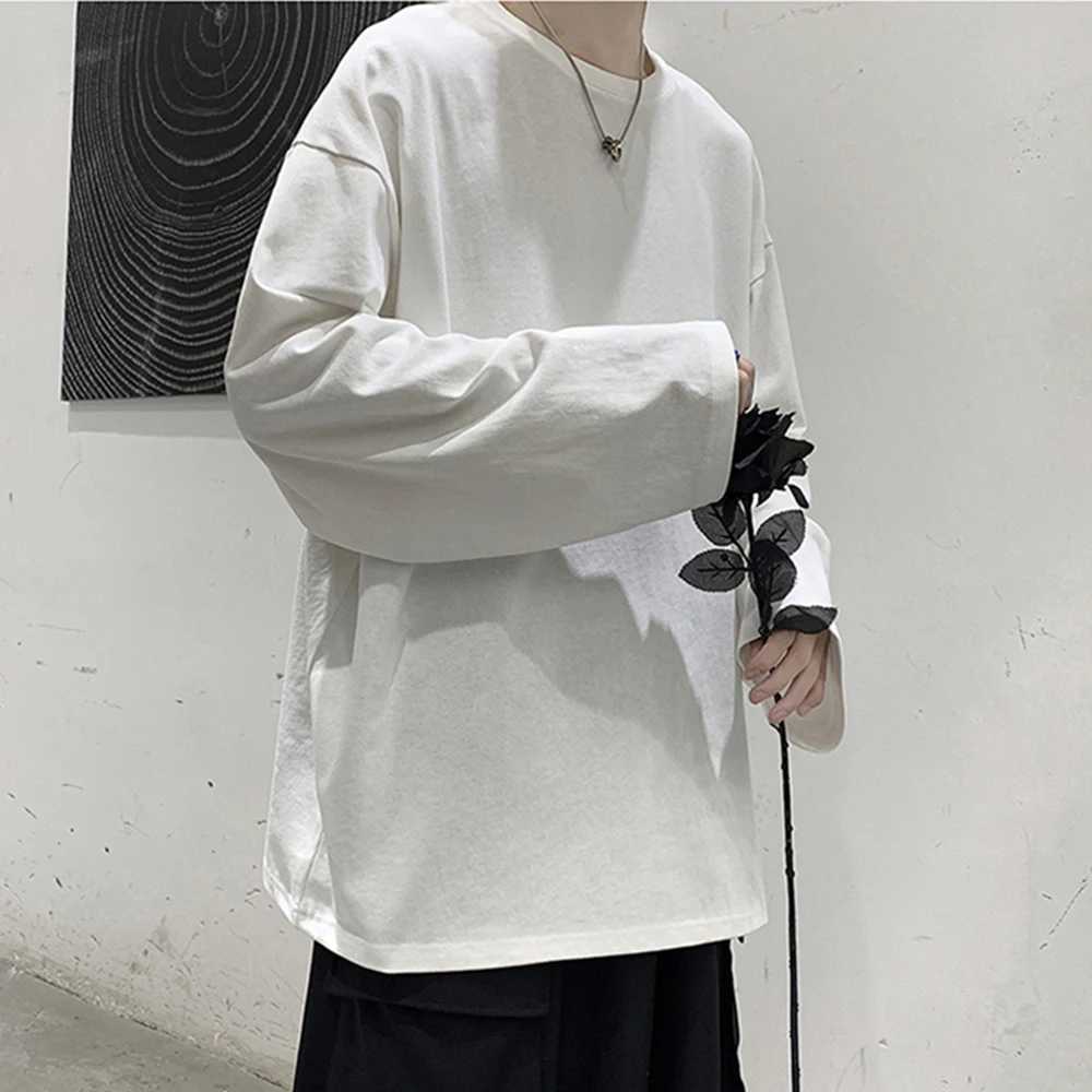 Cotton oversized mens T-shirt mens long sleeved solid color mens T-shirt womens top W241210