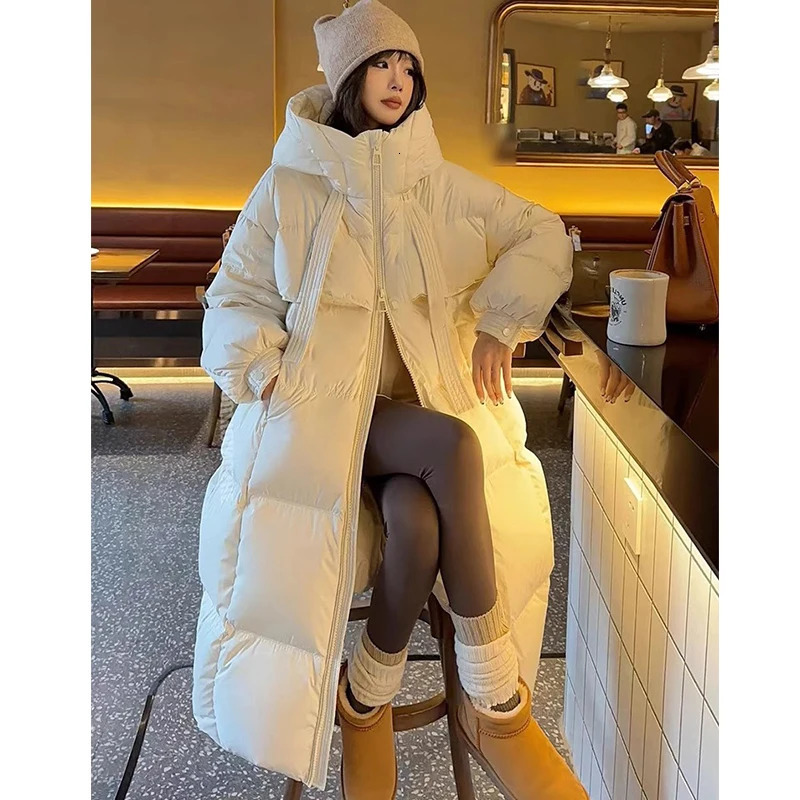 Womens down cotton apron jacket thick Korean warm long coat solid hooded full top winter 2024 241209