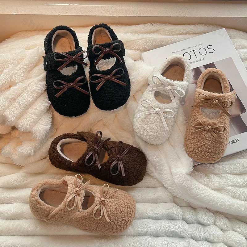 2024 Winter New Children Flats Fur Cover Toe Light Warm Kids Fahsion Bowknot Casual Shoe Plush Non-slip Leisure Mary Jane ShoesXJ241209